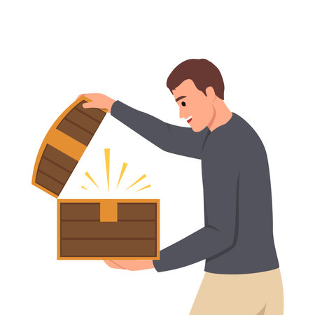 Man with open chest filled with treasures or jewels for concept of lucky find and luck. Delighted guy holds wooden chest with rays of light illuminating face. Flat vector illustration isolated on white backgroundのイラスト素材