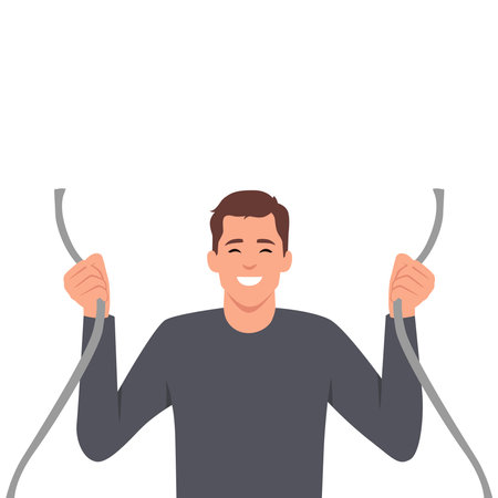 Eror 404 with sad man holding broken wire in hands and having trouble accessing internet site. Guy with damaged network cable symbolizing web error. Flat vector illustration isolated on white backgroundのイラスト素材