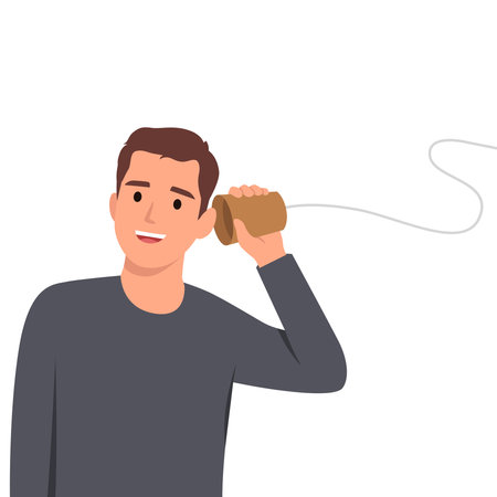 Portrait of attractive cheerful funky man using rope phone contact. Flat vector illustration isolated on white backgroundのイラスト素材