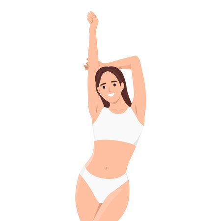 Perfect body. Fit young woman standing with hands raised up, showing her ideal curves, posing in white lingerie. Flat vector illustration isolated on white backgroundのイラスト素材