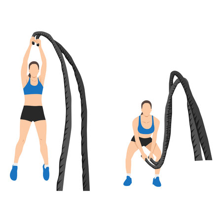 Woman doing battle rope double arm slams exercise. flat vector illustration isolated on white backgroundのイラスト素材