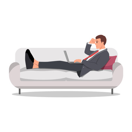 Man on the sofa with laptop. Businessman work at home. Freelancer. Learn online on a computer sitting on sofa wearing suit. Flat vector illustration isolated on white backgroundのイラスト素材