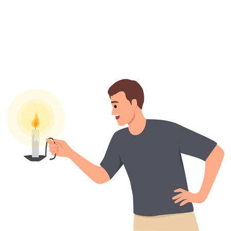 Man holding diwali candles. man holds candlestick with burning candle. Flat vector illustration isolated on white backgroundのイラスト素材