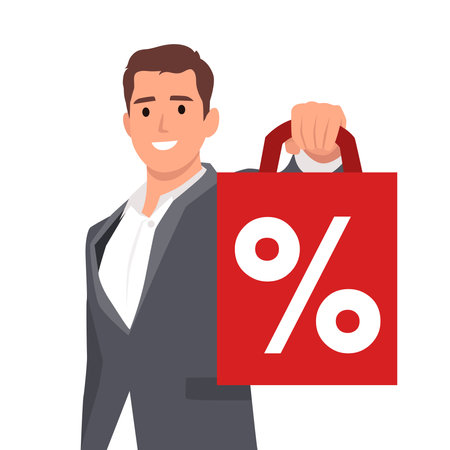 Satisfied positive businessman holding paper and showing with percent sign inscription. Flat vector illustration isolated on white backgroundのイラスト素材
