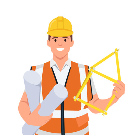 architect builder worker. construction engineer. man wearing helmet. Flat vector illustration isolated on white backgroundのイラスト素材