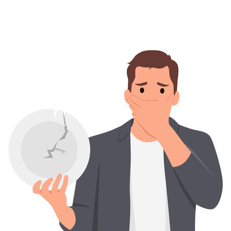 Young scared man hands holding a broken white plate. Metaphor for divorce, relationships, friendships, crack in marriage. Flat vector illustration isolated on white backgroundのイラスト素材