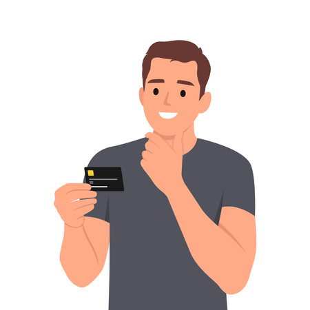 Young man thinking about using black credit card. He is holding credit card on his hand while thinking. Flat vector illustration isolated on white backgroundのイラスト素材