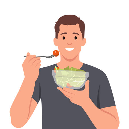 Young man eating salads. Diet food for life. Healthy foods with benefits. Healthy and vegan food concept. Flat vector illustration isolated on white backgroundのイラスト素材