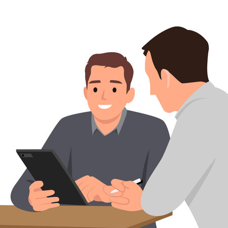business people in office workplace. Collaboration, technology and workers, men or employees with touchscreen planning sales, research or financial strategy. Flat vector illustration isolated on white backgroundのイラスト素材