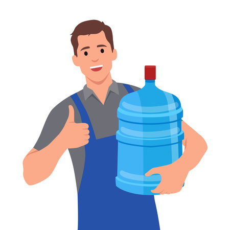 Happy water delivery courier holding gallon of water with thumb up. Flat vector illustration isolated on white backgroundのイラスト素材