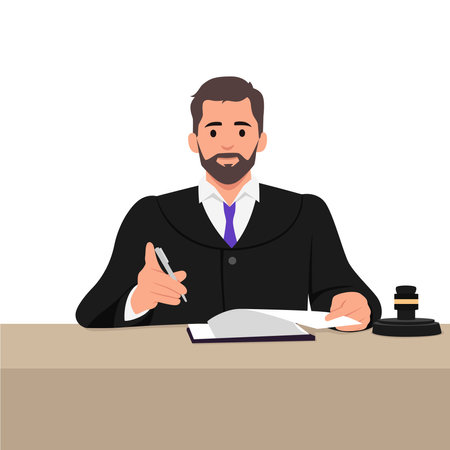 Judge working at his desk in court. Flat vector illustration isolated on white backgroundのイラスト素材