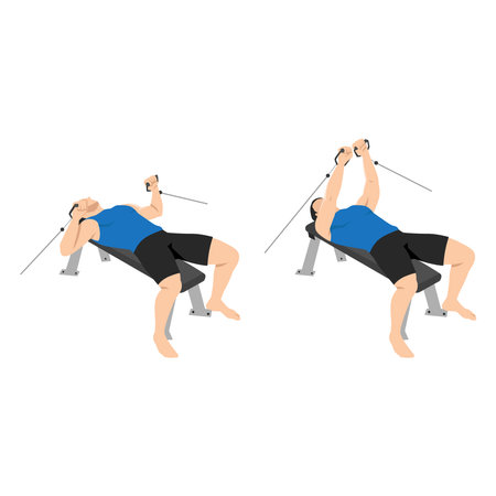 Man doing lying crossover bench press. Cable crossover press. cable flies exercise. Flat vector illustration isolated on white backgroundのイラスト素材