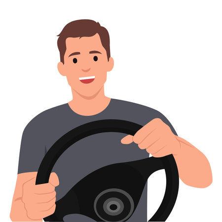 Man Driving a Car, Front View from the Inside, Male Driver Character Holding Hands on a Steering Wheel. Flat vector illustration isolated on white backgroundのイラスト素材