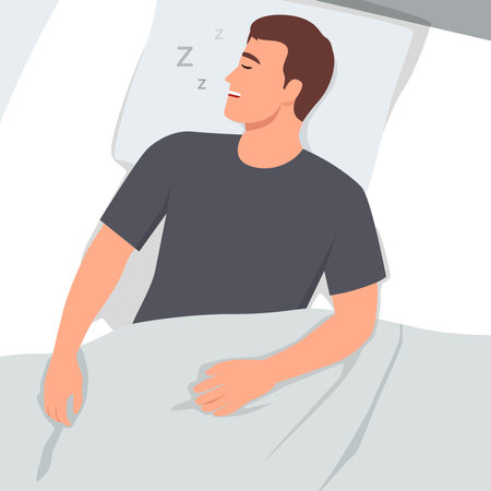 Man sleeping in bed - vector illustration of person lying in bedroom snoring and having a sleep. Flat vector illustration isolated on white backgroundのイラスト素材