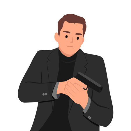 Young cool secret agent, bodyguard or assassin holding gun weapon, handgun. reload bullet. Flat vector illustration isolated on white backgroundのイラスト素材