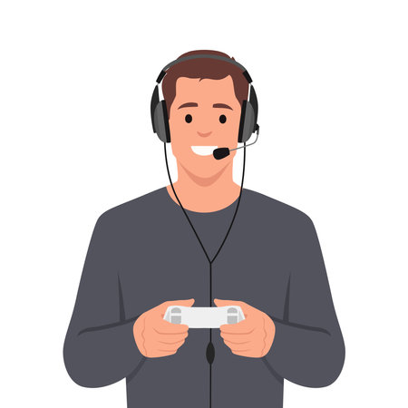 Young happy man playing video game holding joystick and wearing headphone. Flat vector illustration isolated on white backgroundのイラスト素材