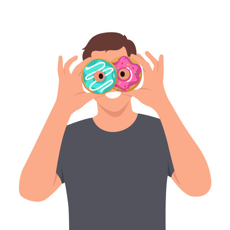 Man posing holding in hands covering eyes with pink donuts like glasses looking camera. Flat vector illustration isolated on white backgroundのイラスト素材