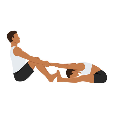 Young couple doing seated forward bend pose , paschimottanasana yoga exercise. Flat vector illustration isolated on white backgroundのイラスト素材