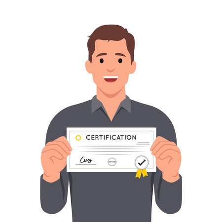 Businessman with paycheck sits at office desk with laptop showing off investments in start-ups from large corporations. Man with paycheck at his workplace demonstrates certificate for large amount. Flat vector illustration isolated on white backgroundのイラスト素材