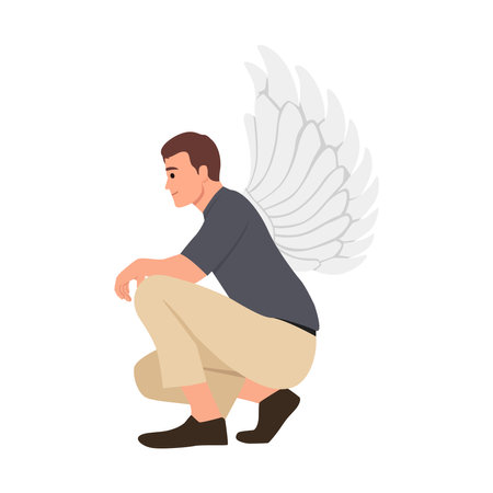 A beautiful and self confident businessman with wings. Kneeling down. Flat vector illustration isolated on white backgroundのイラスト素材