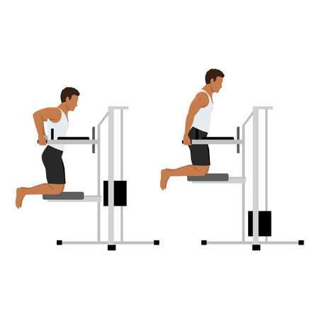 Man doing dips on parallel bars in the gym exercise. Flat vector illustration isolated on white backgroundのイラスト素材