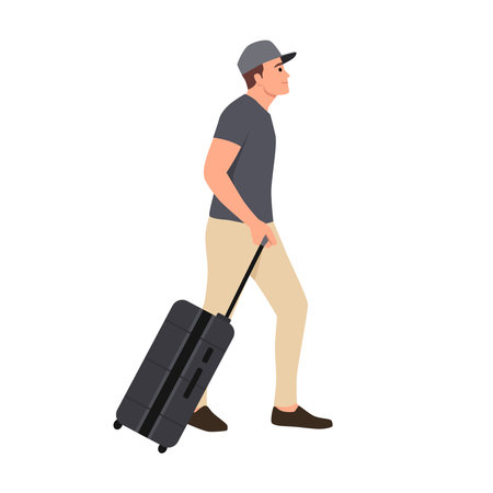 Man carries suitcases, travel, vacation, adventure wearing cap. Flat vector illustration isolated on white backgroundのイラスト素材