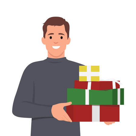 Young man received present with love, holding a pile of presents in the boxes. Flat vector illustration isolated on white backgroundのイラスト素材