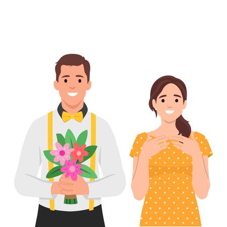 Romantic man holding flowers and happy woman delighted with gift bouquet from boyfriend. Flat vector illustration isolated on white backgroundのイラスト素材