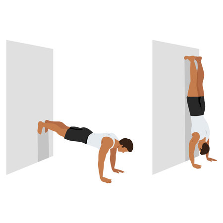Man doing handstand on the wall exercise. Flat vector illustration isolated on white background