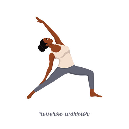 Woman doing reverse warrior yoga pose. Flat vector illustration isolated on white backgroundのイラスト素材