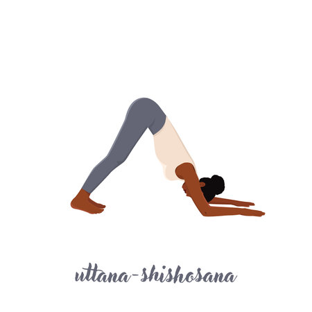Woman doing Extended Puppy Pose Uttana Shishosana Pose, Yoga Woman. Flat vector illustration isolated on white backgroundのイラスト素材