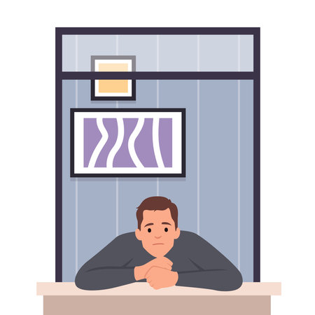 concept of Concept of loneliness, in the form of a man in the window. symbol of expectation and thoughtfulness. Flat vector illustration isolated on white backgroundのイラスト素材