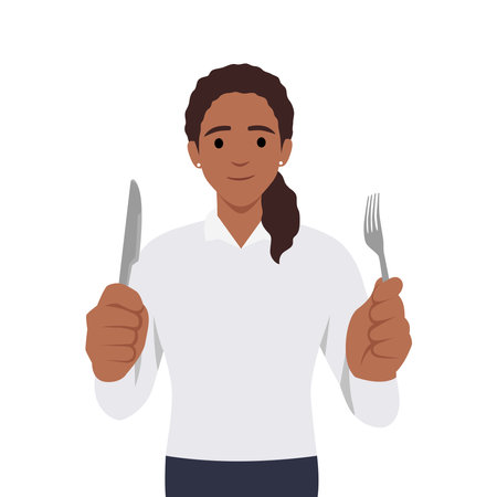 Young woman holding fork and knife. Hungry woman waiting for food. Flat vector illustration isolated on white backgroundのイラスト素材