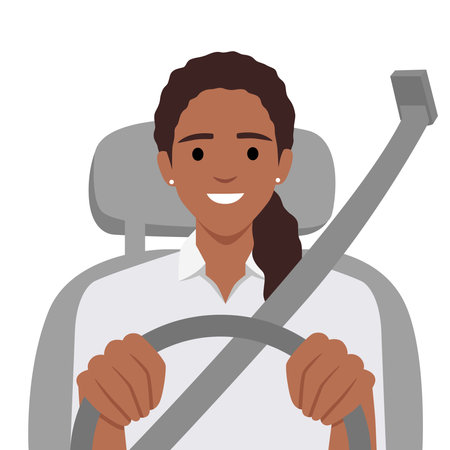 Car cockpit and a woman driver, front view with seat belt. Flat vector illustration isolated on white backgroundのイラスト素材