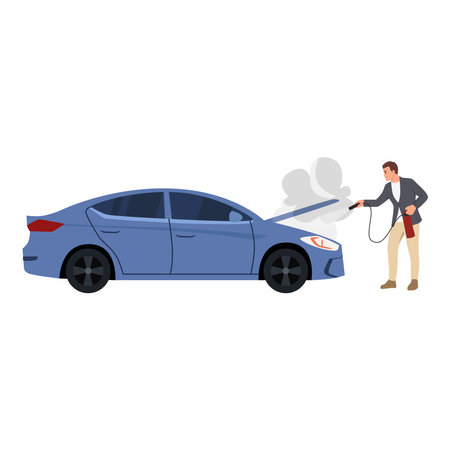 A driver with a fire extinguisher trying to put out the fire in a car engine. Flat vector illustration isolated on white backgroundのイラスト素材