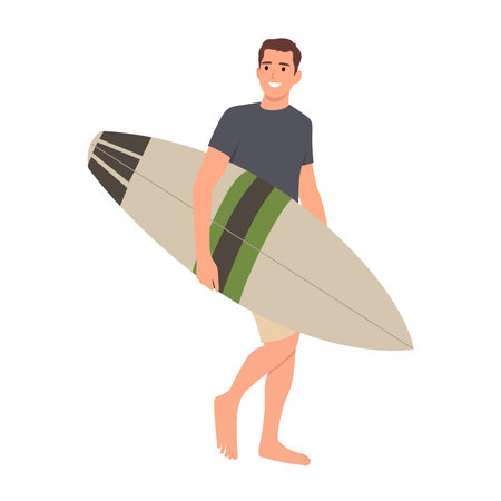 Surfer and his surfboard ready to surf while walking. beach, surf, surfer, board, guy, people, water, sky, summer, nature, sun, sea, sport, wave, ocean, lifestyle, vacation, sand, holiday, person, young, adult, men, day, surfing, wind, surfboard, outdoor, handsome, holding, male, one, sunny, watersportsFlat vector illustration isolated on white backgroundのイラスト素材