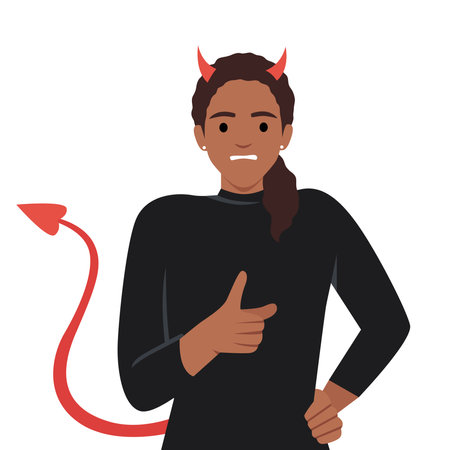 Young black woman with horns and devil tail screams and points with finger, scolding and threatening...