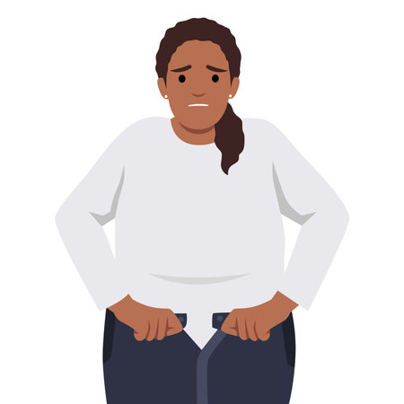 Unhappy overweight woman unable to fasten jeans, need lose weight for body keep fit. Fat female suffer from excessive bodyweight. Diet, healthy lifestyle concept. Flat vector illustration isolated on white backgroundのイラスト素材
