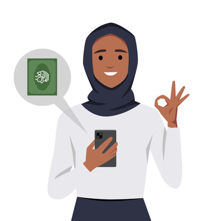 Muslim woman holding phone and giving ok sign because she has quran app in her mobile phone. Flat vector illustration isolated on white backgroundのイラスト素材