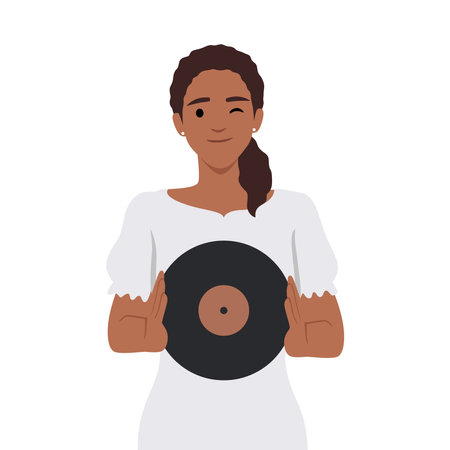 Woman holding vinyl record standing in music store near counter for collectors of retro records. Flat vector illustration isolated on white backgroundのイラスト素材