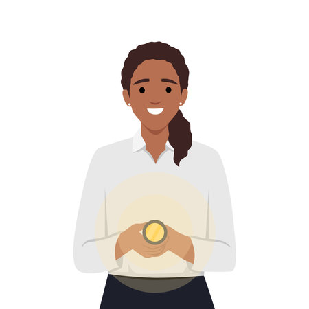 Woman with flashlight smiles and looks at screen recommending using device to light way. Flat vector illustration isolated on white backgroundのイラスト素材