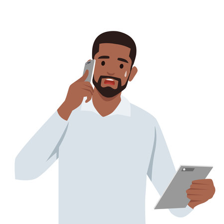 Young black man upset talking on the phone looking troubled by conversation. Flat vector illustration isolated on white backgroundのイラスト素材