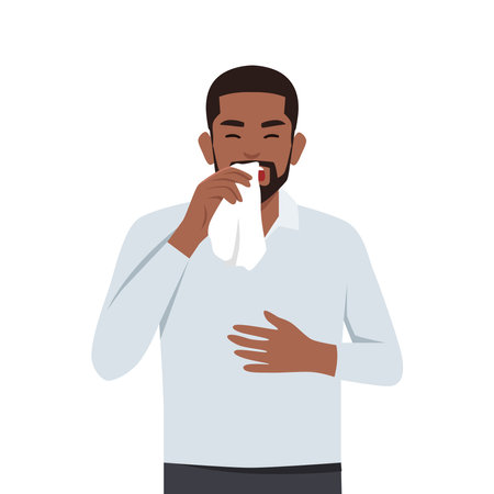 Young man coughing Bronchitis, common cold or virus, influenza fever or seasonal disease infection. Flat vector illustration isolated on white backgroundのイラスト素材