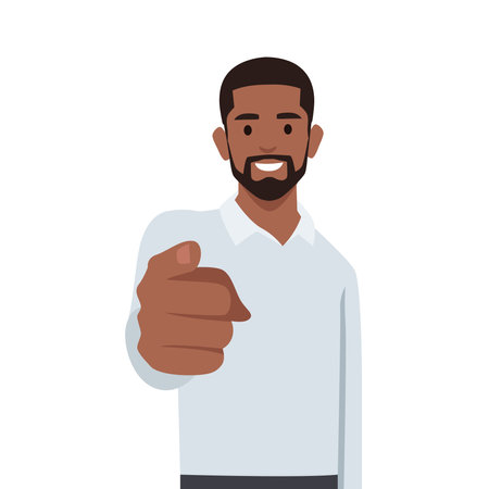 Young successful black businessman pointing finger at you smiling. Flat vector illustration isolated on white backgroundのイラスト素材