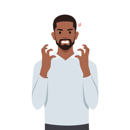 Young man angry and raised fist and shout or screaming expression. Flat vector illustration isolated on white backgroundのイラスト素材