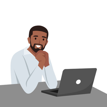 Young man staring at a laptop. Man looking at computer. Thinking man. Man watching monitor screen. Flat vector illustration isolated on white backgroundのイラスト素材