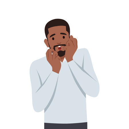 Young man shocked afraid scared and terrified with fear expression while opened mouth. Flat vector illustration isolated on white backgroundのイラスト素材