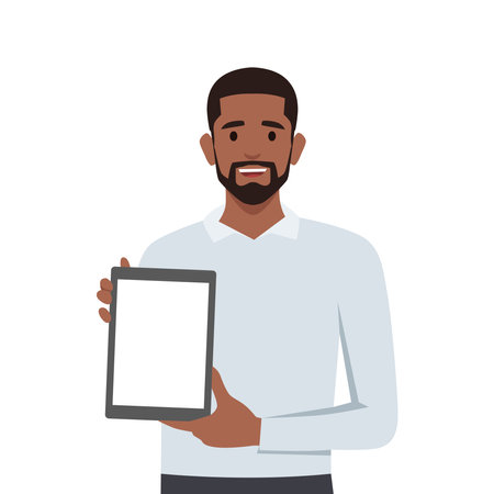 Young black man showing or holding blank screen of digital tablet computer in hands. Flat vector illustration isolated on white backgroundのイラスト素材
