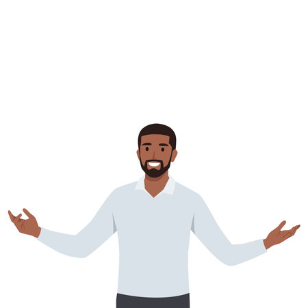 Young successful man confident gesturing welcome sign and smiling while standing. Flat vector illustration isolated on white backgroundのイラスト素材