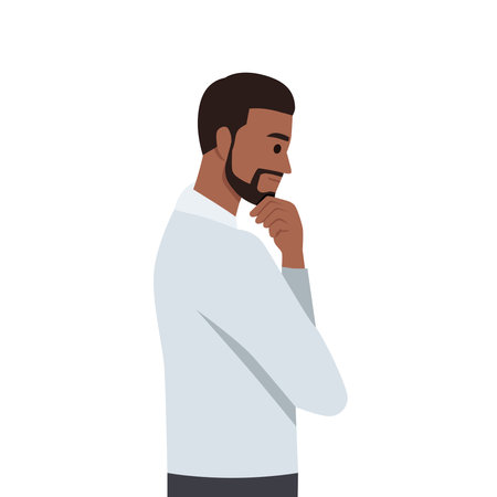 Young Business man standing and thinking. Flat vector illustration isolated on white backgroundのイラスト素材